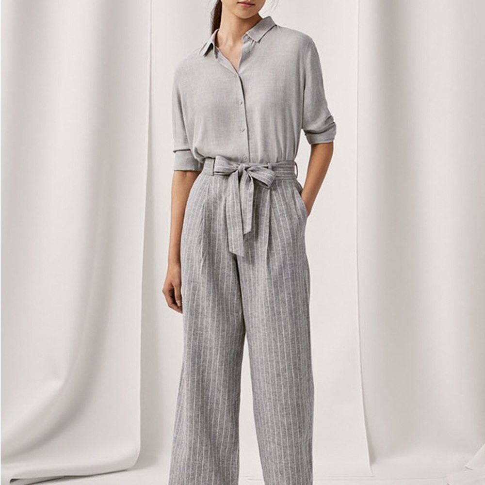 Uniqlo Belted linen cotton wide leg grey pinstripe pants